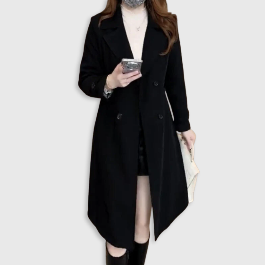 Black trench coat with double-breasted buttons and long asymmetric hem