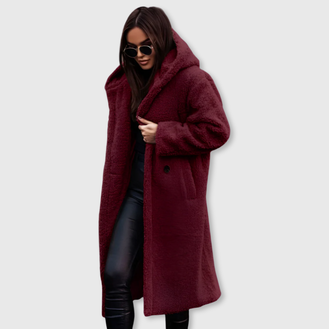 Burgundy hooded wool coat, long plush texture with button front and side pockets.