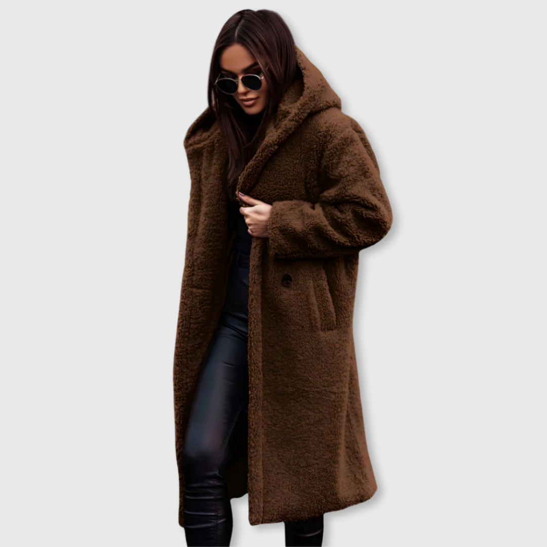Brown hooded wool coat, long shaggy fleece with button front and patch pockets.
