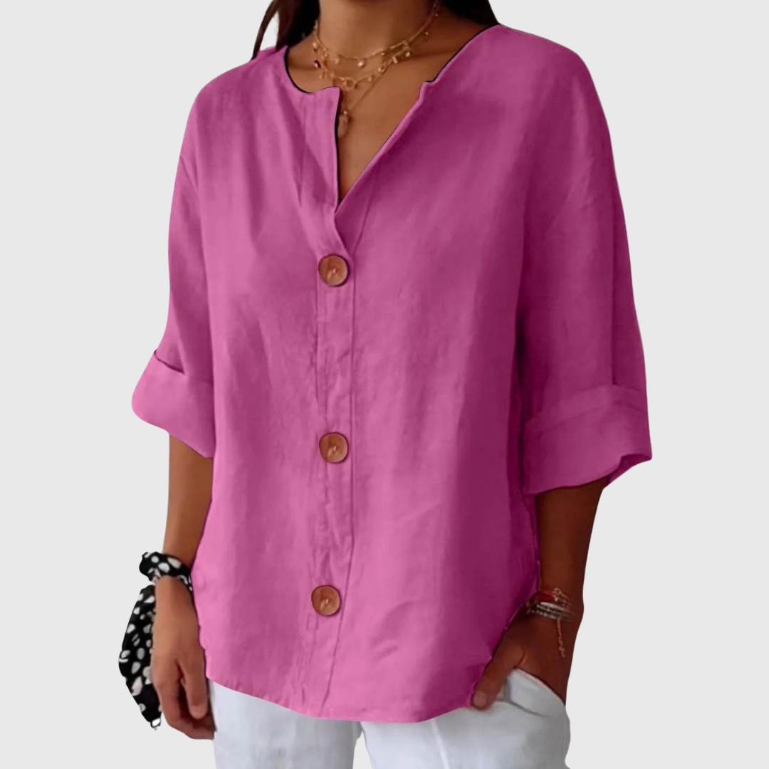 Purple relaxed blouse with V-neck button front, short sleeves, relaxed draped style