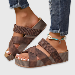 Ruby comfortable sandals in brown, braided crisscross straps, peep-toe platform sole