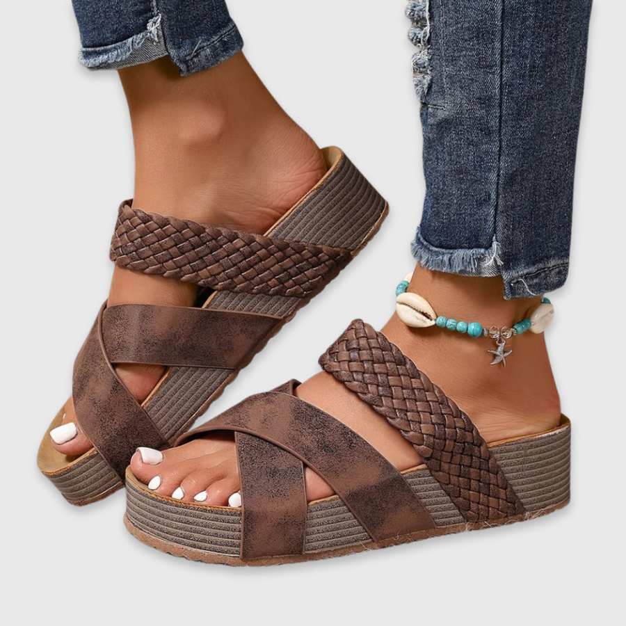 Ruby comfortable sandals in brown, braided crisscross straps, peep-toe platform sole