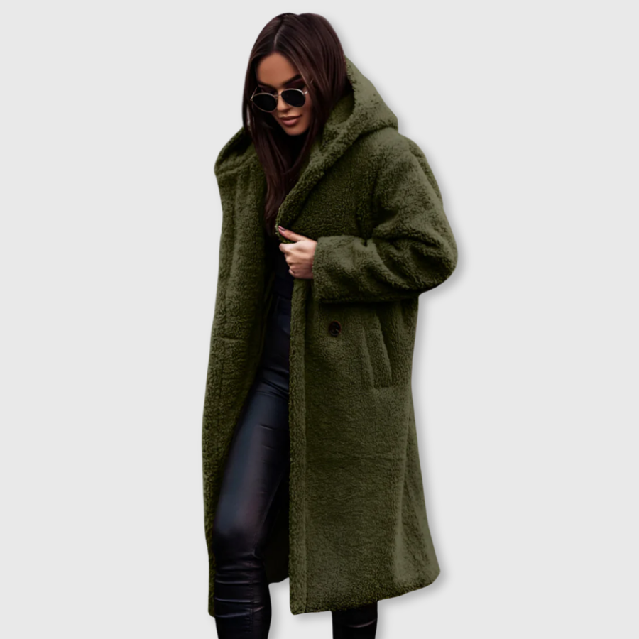 Green hooded wool coat, long textured fabric with front buttons and pockets.