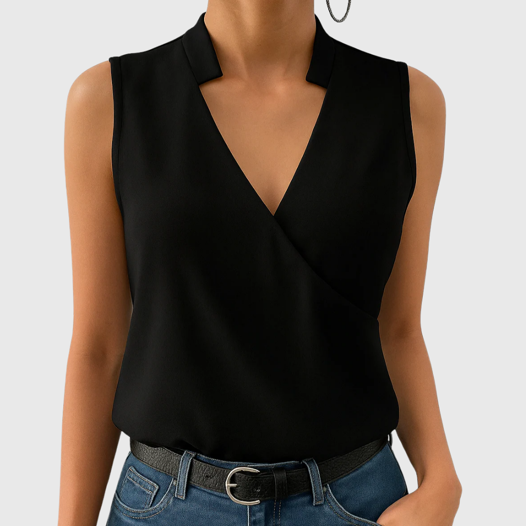 Black sleeveless wrap blouse with V-neck and wide collar