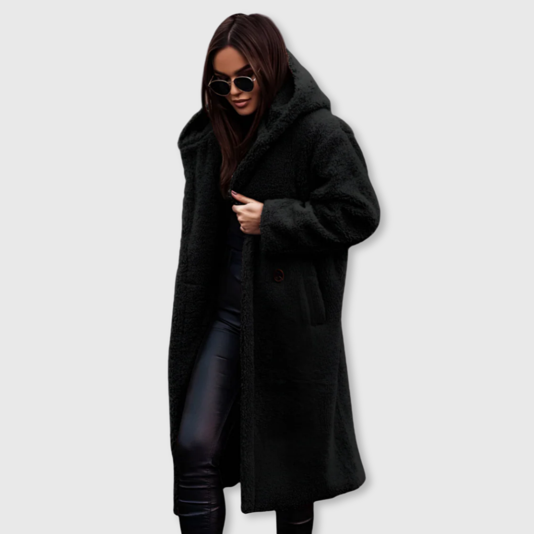 Black hooded wool coat, long plush texture with button front and patch pockets.