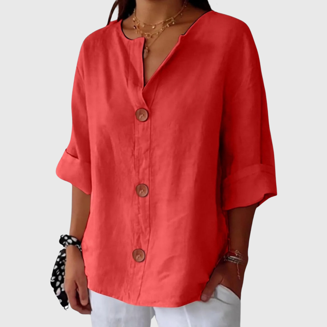 Red relaxed blouse with V-neck button front, short sleeves, relaxed fit