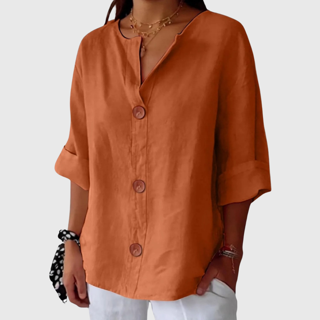 Orange-brown relaxed blouse with V-neck button front and short sleeves, loose fit
