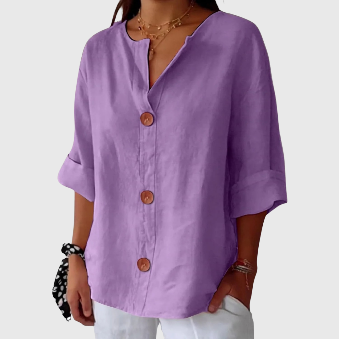 Lavender relaxed blouse with V-neck button front, short sleeves, loose fit