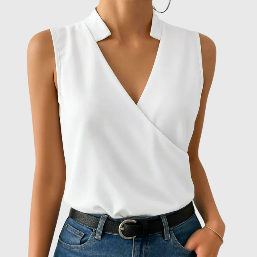 White sleeveless wrap blouse with V-neck and tailored collar