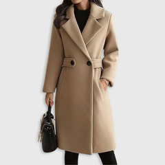 Camel beige overcoat with notched lapels, double buttons, and waist belt