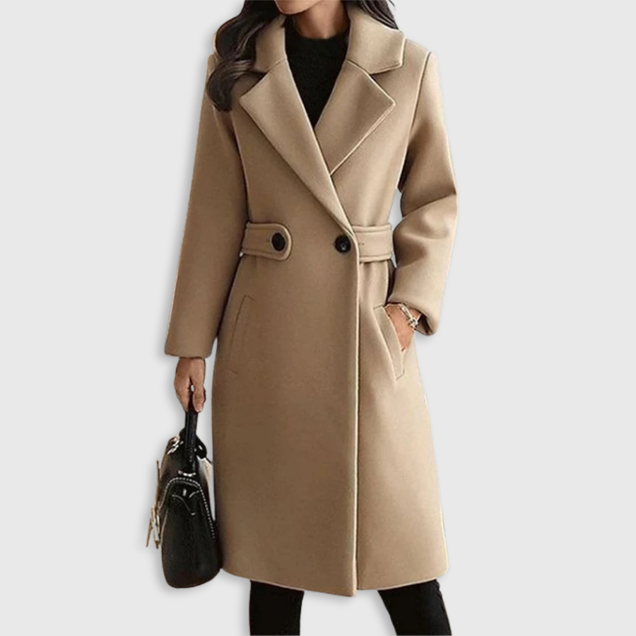 Camel beige overcoat with notched lapels, double buttons, and waist belt
