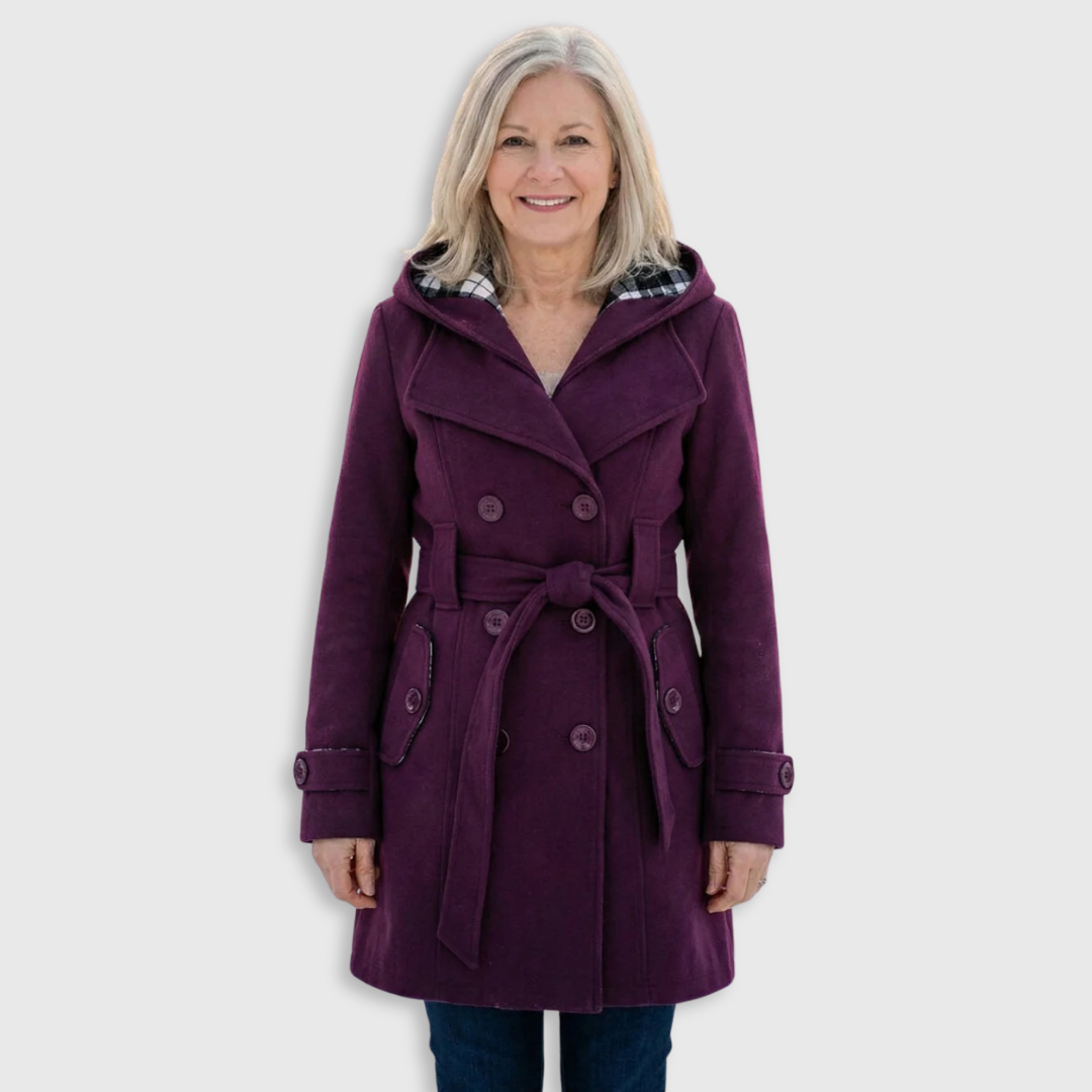 Purple wool coat with plaid collar, hood, double-breasted buttons, and tied belt