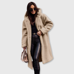 Beige hooded wool coat, long textured fleece with front button closure.