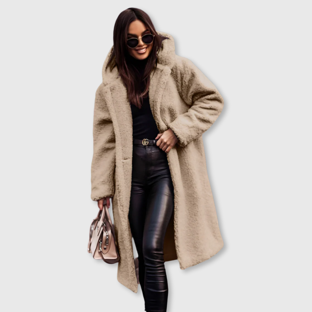 Beige hooded wool coat, long textured fleece with front button closure.