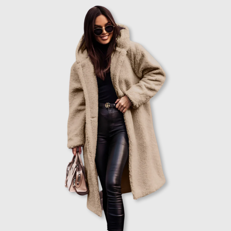Beige hooded wool coat, long textured fleece with front button closure.