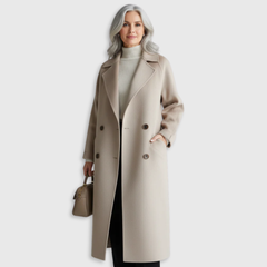 Maeve classic elegant coat, beige with notched lapels and double-breasted button front