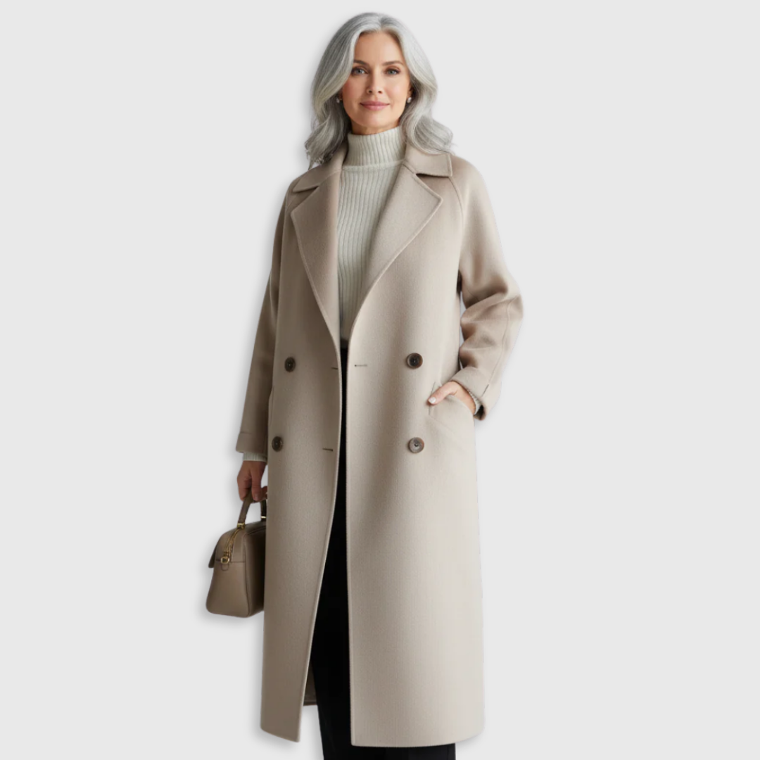 Maeve classic elegant coat, beige with notched lapels and double-breasted button front
