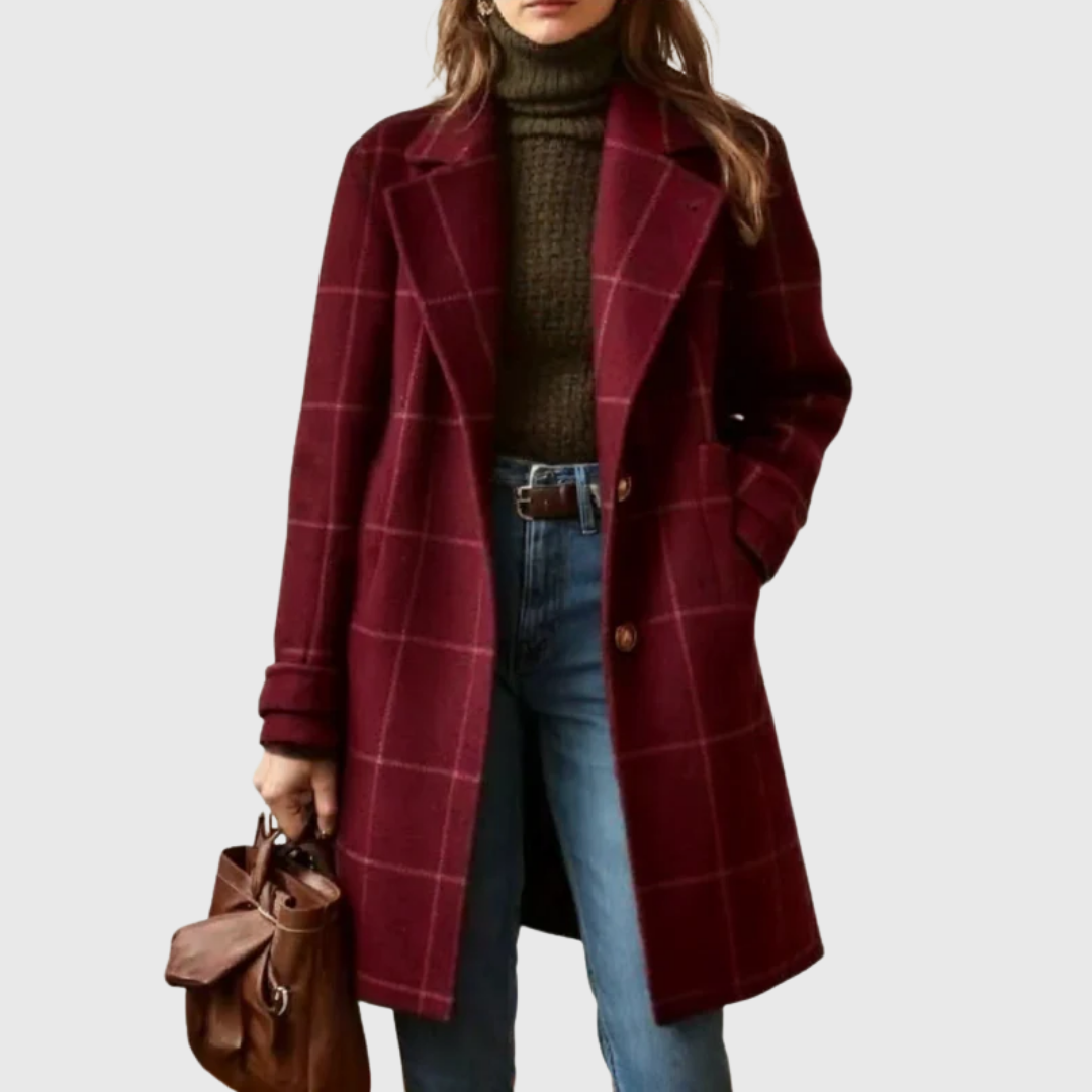 Wine red plaid long winter coat with button front, notch lapels, and side pockets