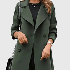 Army green classic trench coat with notched lapels and double-breasted buttons