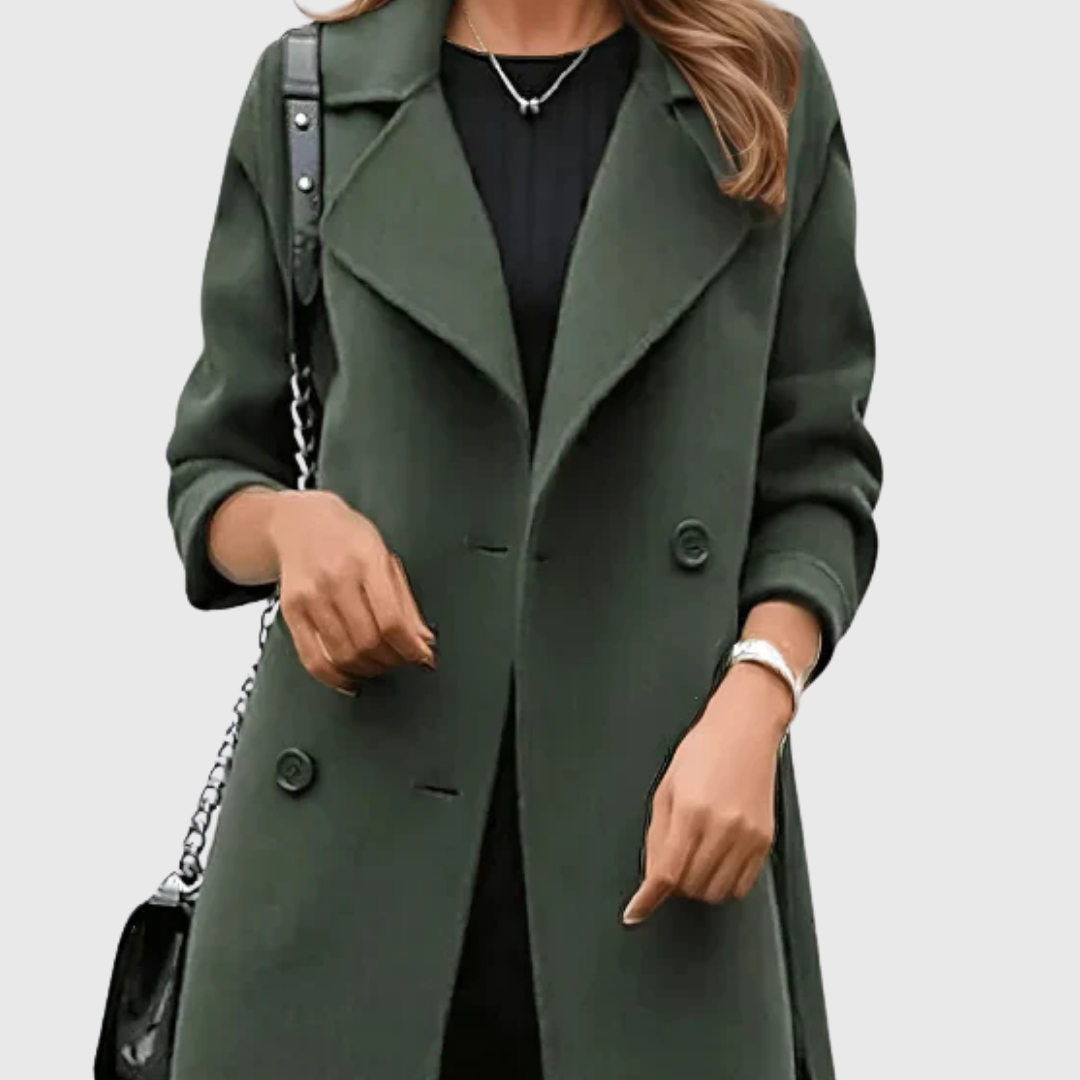 Army green classic trench coat with notched lapels and double-breasted buttons