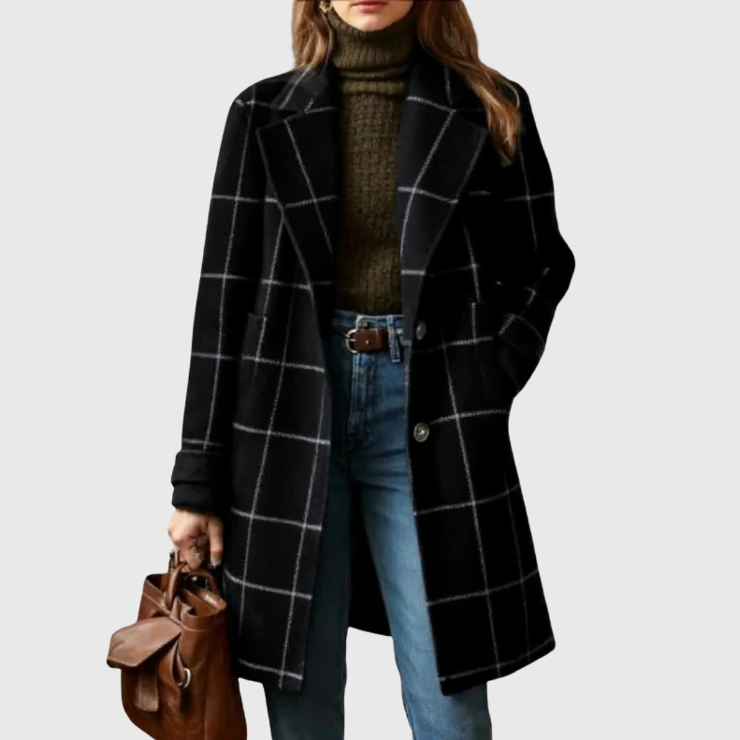 Black plaid long winter coat with button front and notch lapels