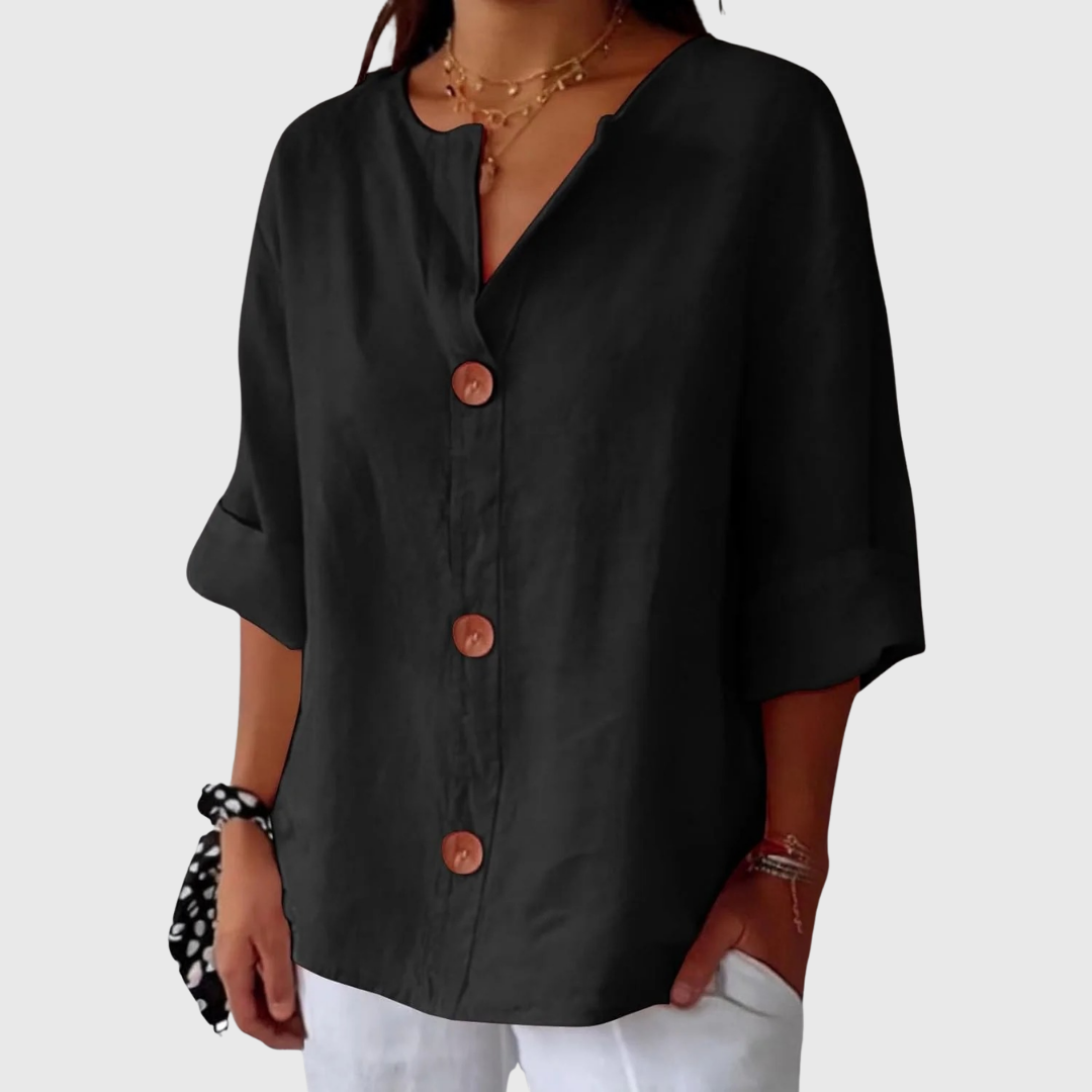 Black relaxed blouse with V-neck button front, short sleeves, loose elegant drape