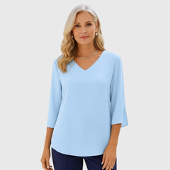 Blue V-neck elegant blouse with three-quarter sleeves and draped fit