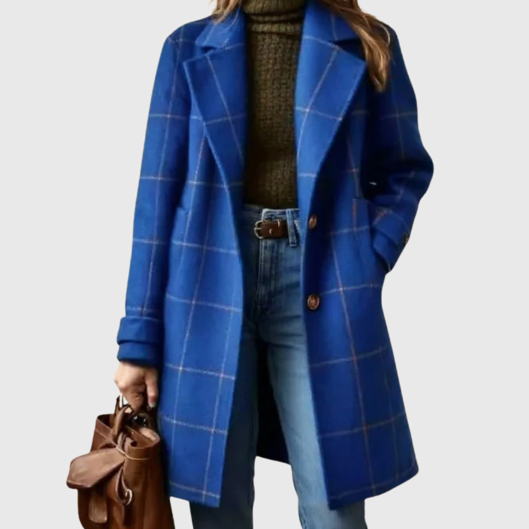 Blue plaid long winter coat with button front and notch lapels
