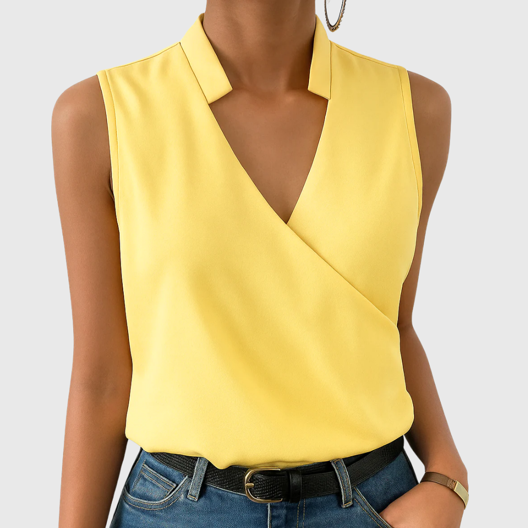 Yellow sleeveless wrap blouse with V-neck and tailored collar