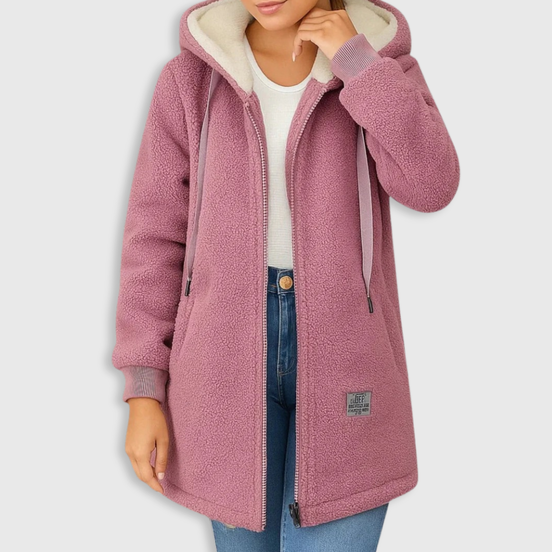 Pink fleece jacket with hood, zip front, and drawstring ties