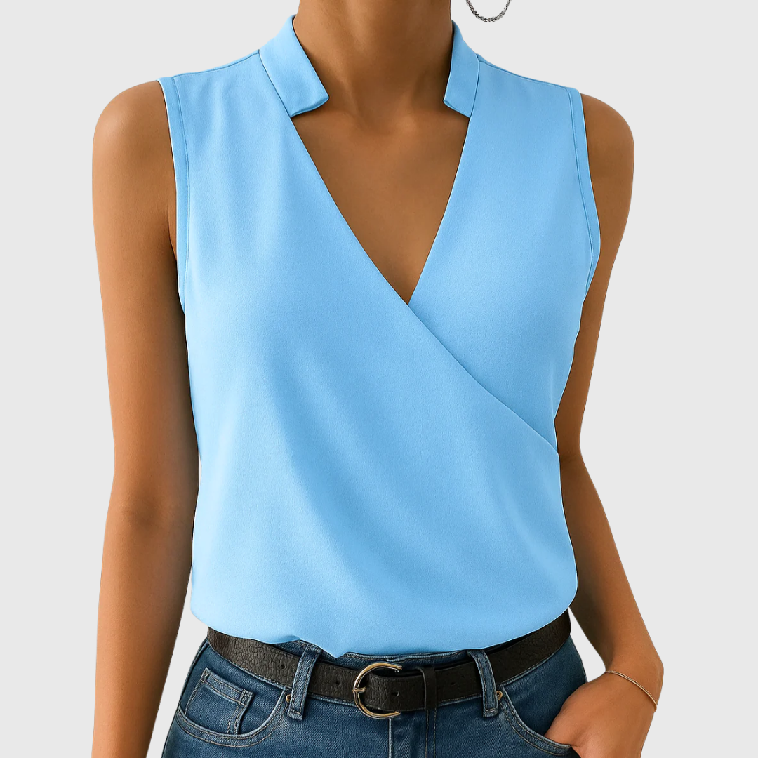 Light blue sleeveless wrap blouse with V-neck and pointed collar
