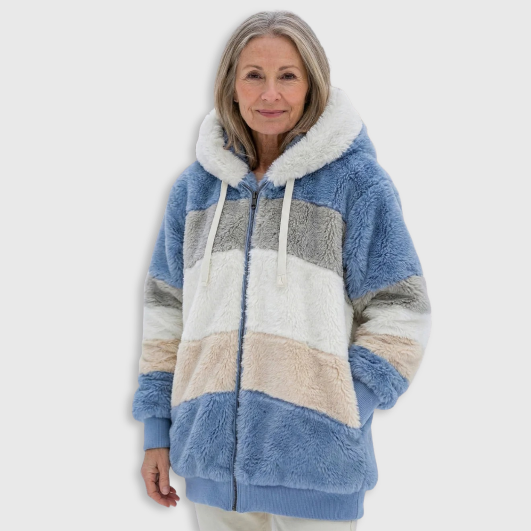 Colorblock plush zip-up hoodie jacket, blue and cream blocks with drawstring hood