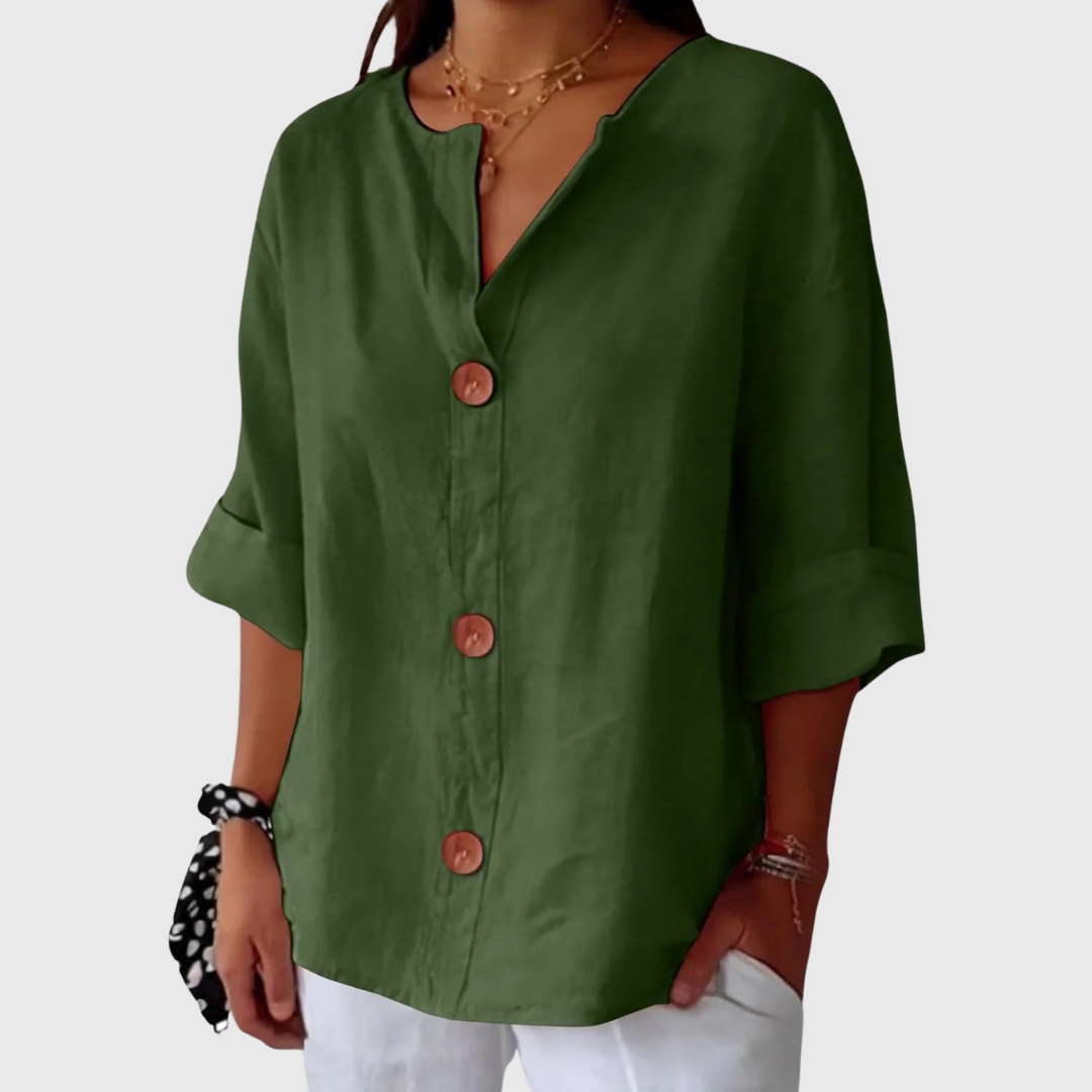 Green relaxed blouse with V-neck button front, short sleeves, comfortable loose cut