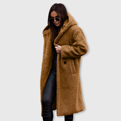 Camel hooded wool coat, long shaggy texture with button front and side pockets.