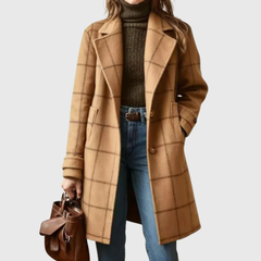 Camel plaid long winter coat with button front, notch lapels, and side pockets