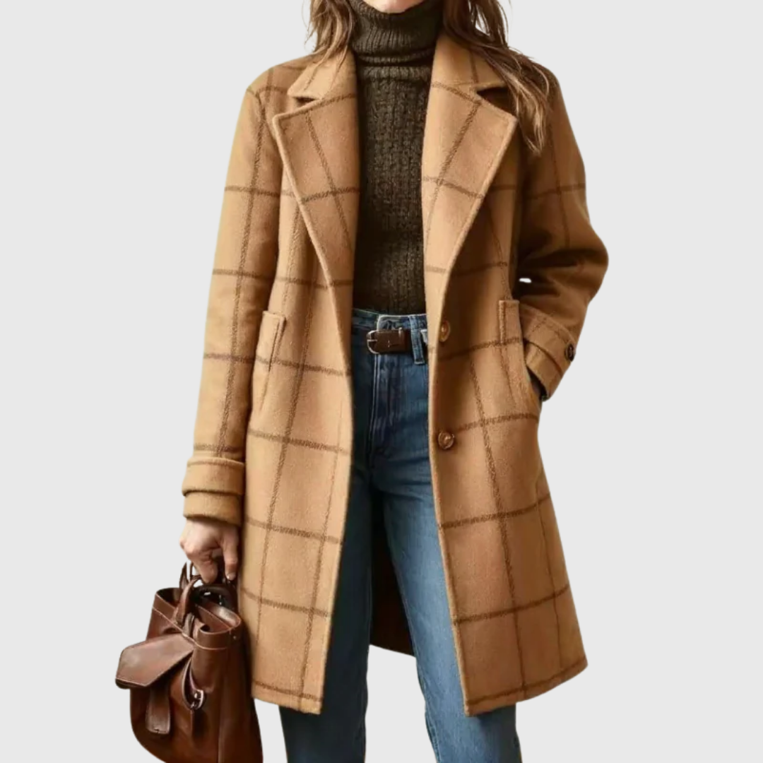 Camel plaid long winter coat with button front, notch lapels, and side pockets