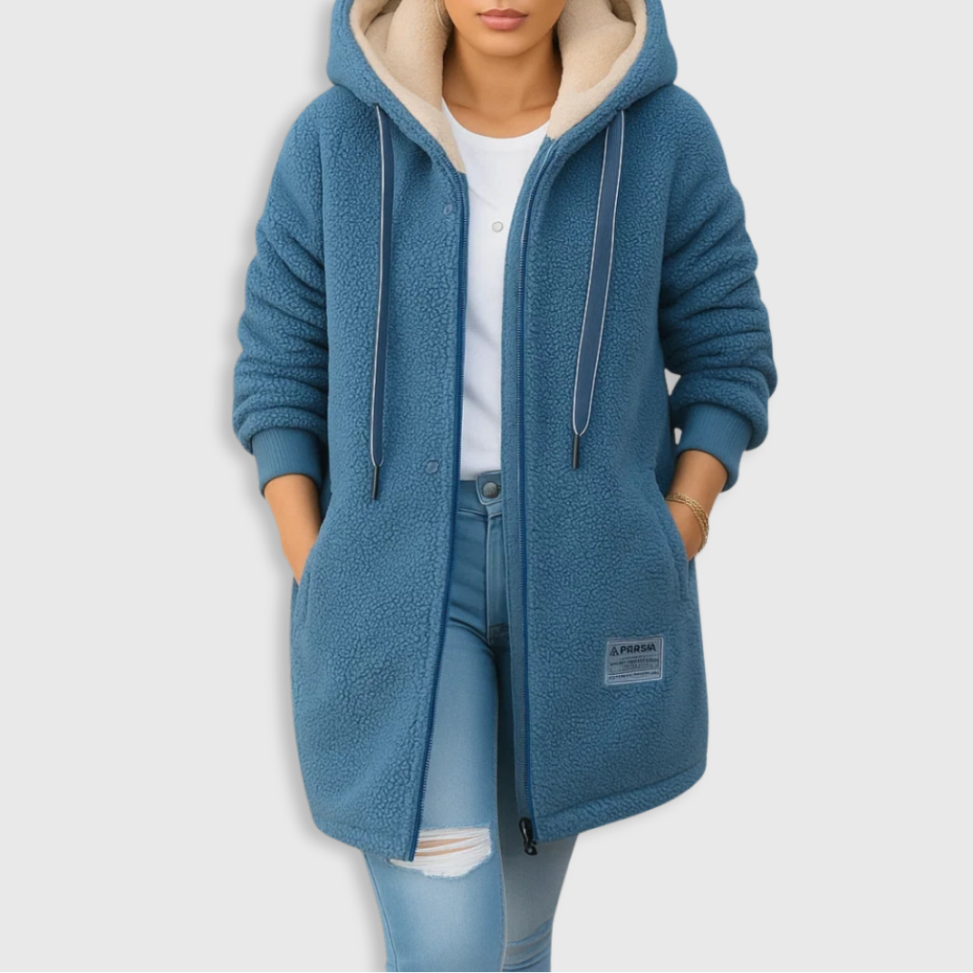 Blue fleece jacket with hood, zip front, and drawstring ties