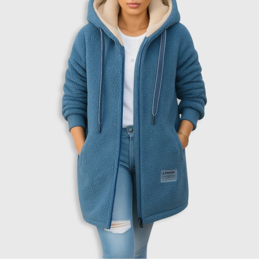 Blue fleece jacket with hood, zip front, and drawstring ties
