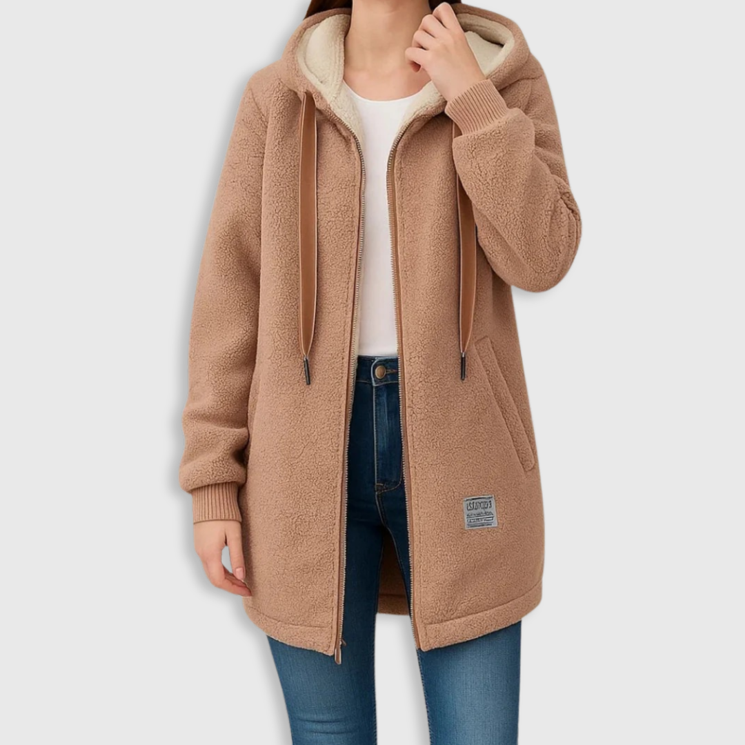 Tan fleece jacket with hood, zip front, and contrast inner collar