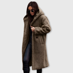 Khaki hooded wool coat, long textured fleece with button front and patch pockets.