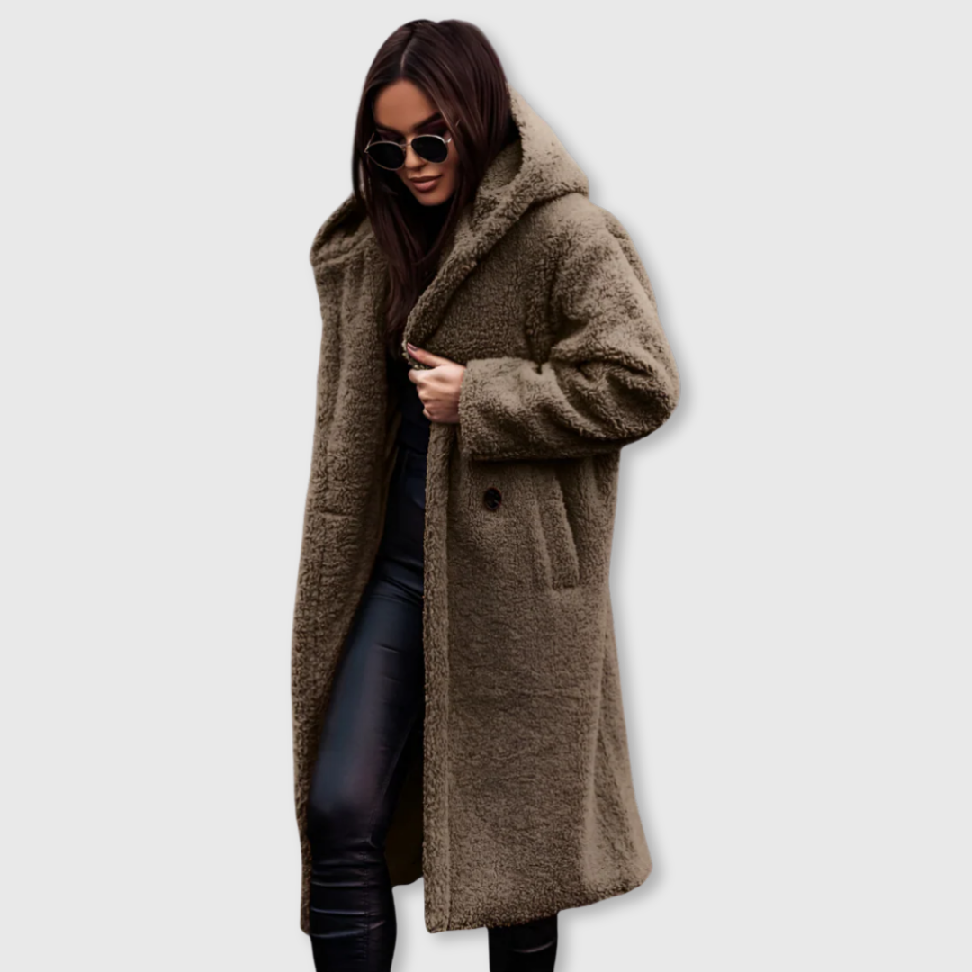 Khaki hooded wool coat, long textured fleece with button front and patch pockets.