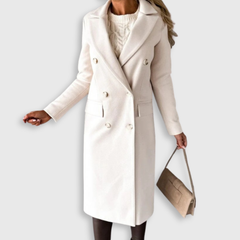 Cream long double-breasted coat with notched lapel, front buttons, long sleeves