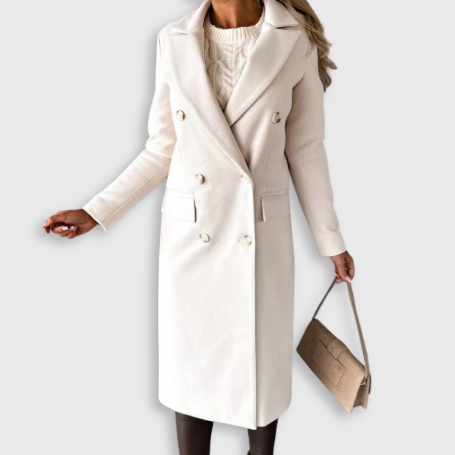 Cream long double-breasted coat with notched lapel, front buttons, long sleeves