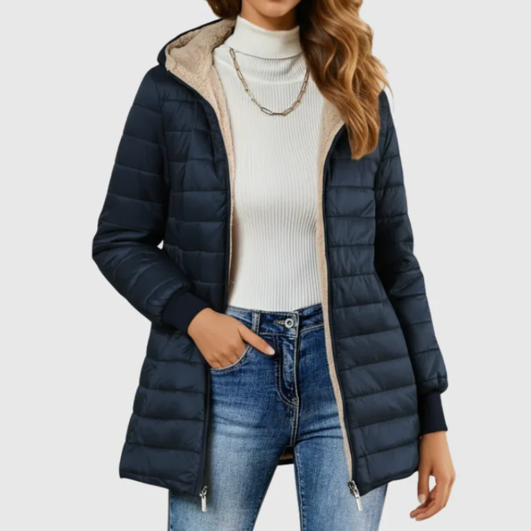 Dark blue sherpa-lined winter coat with hood, zip front, and warm tan lining.