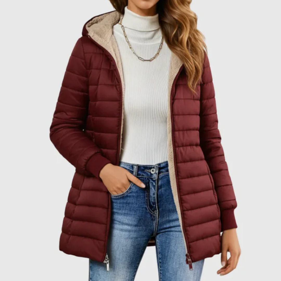 Burgundy sherpa-lined winter coat with hood, zip front, and tan fleece lining.