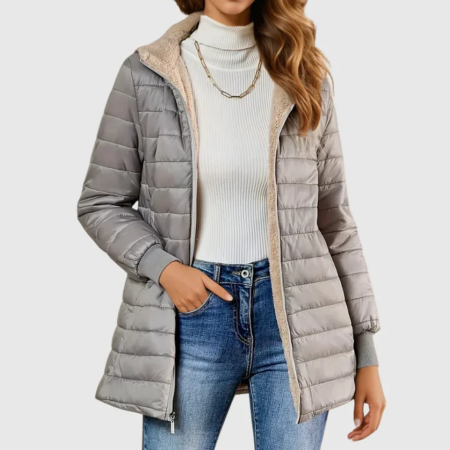 Gray sherpa-lined winter coat with hood, full zip, and tan fleece lining.