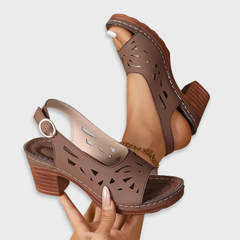 Brown cutout heeled sandals with ankle strap and buckle, open toe, braided detail
