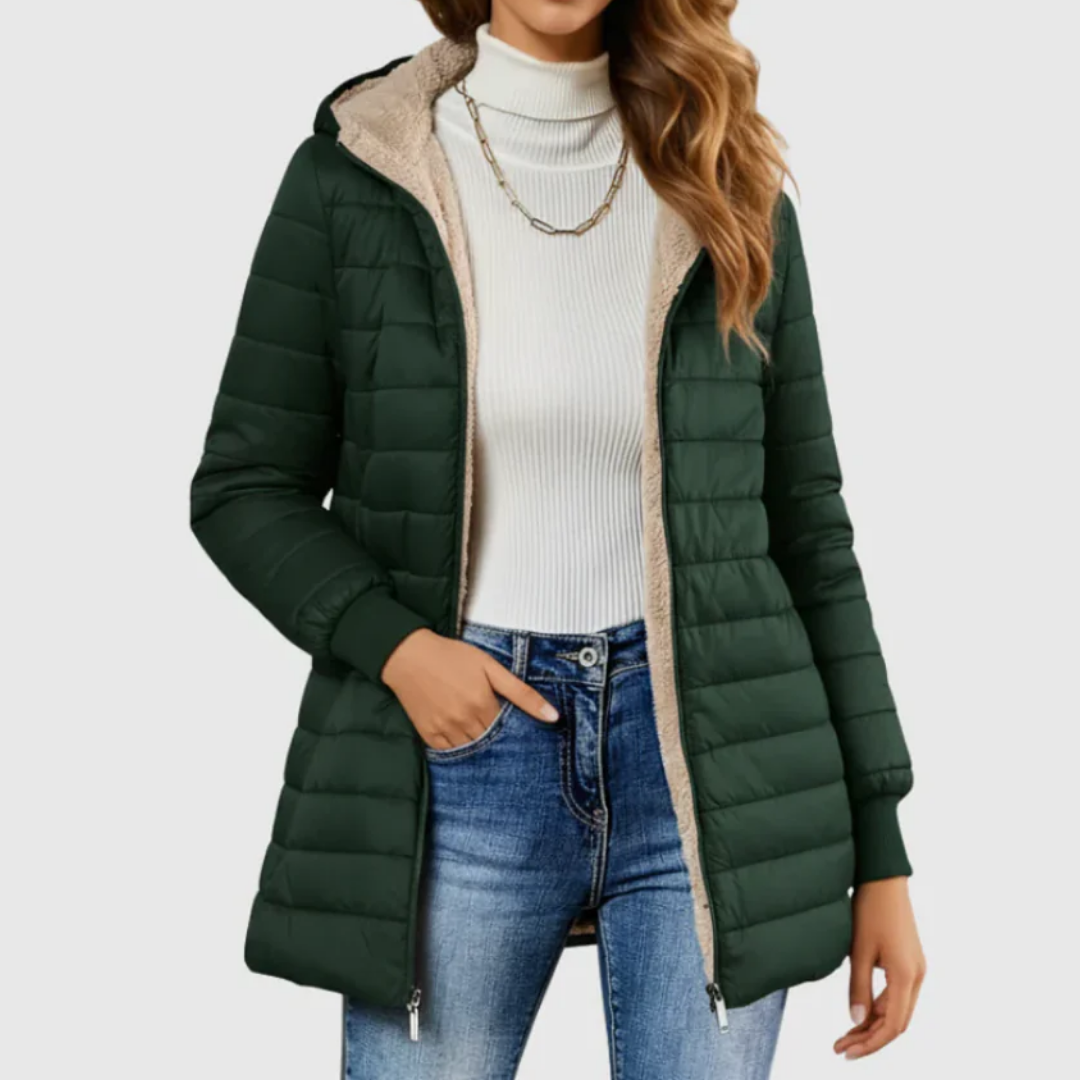 Green sherpa-lined winter coat with hood, zip front, and tan fleece collar lining.