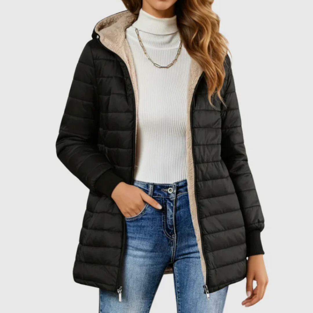 Black sherpa-lined winter coat with hood, zip front, and tan fleece lining.