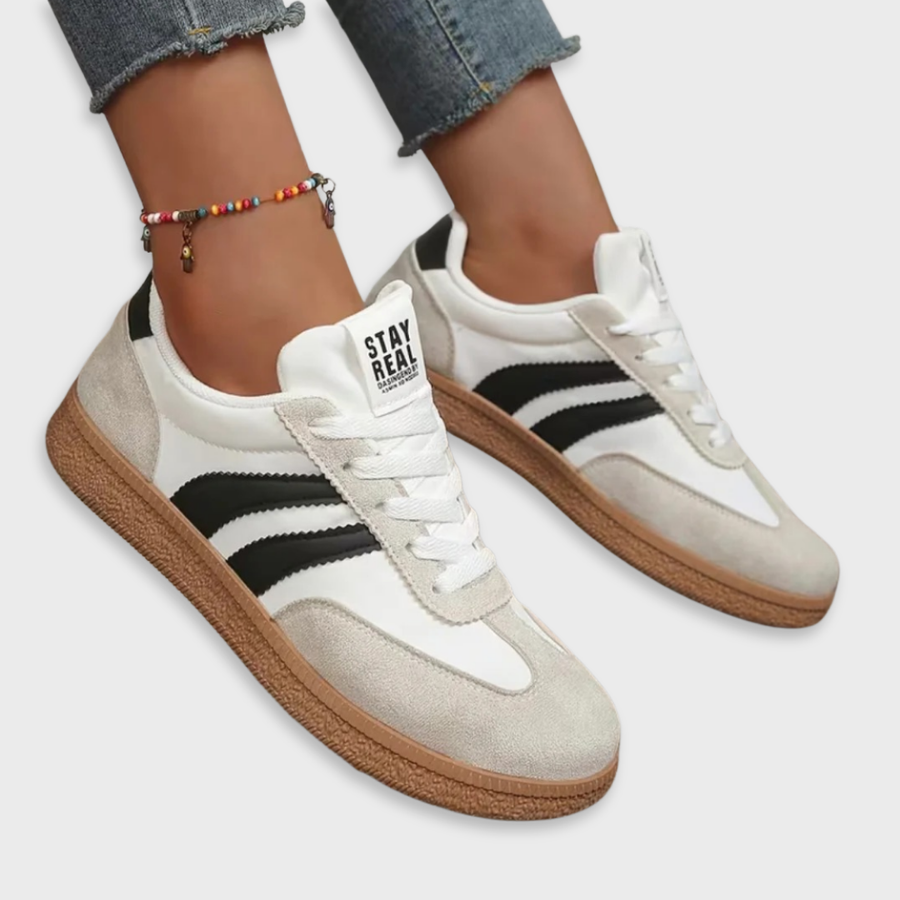 Comfort sneakers, white with light gray suede and black striped accents